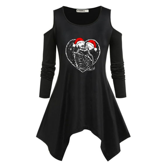 Xmarks Christmas Swing Tunic Top for Women Long Sleeve Cold Shoulder Kissing Skeleton Santa Heart Printed Blouse Irregular Hem Swing Tunic Blouses, S-2XL