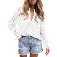 thumbnail image 1 of Xmarks Eyelet Tops for Women Casual Blouse Tops Puff Long Sleeve Button V Neck Hollow Out Eyelet Lace Embroidered Shirt S-XL, 1 of 6