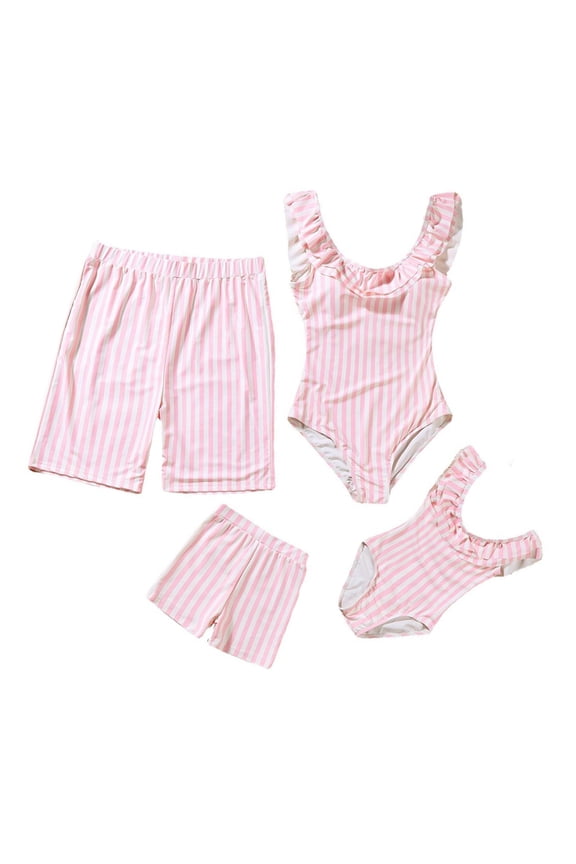 Family Matching Swimsuits Mommy and Me Two Pieces Ruffled Bikini Set One Shoulder /One Pieces Set Swimwear, Dad and Son Casual Swim Trunks,Tropical Print Bathing Suits