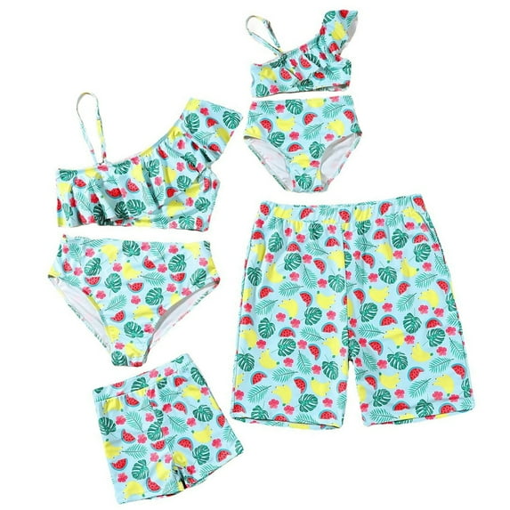 Xmarks Family Matching Swimsuits Mommy and Me Two Pieces Ruffled Bikini Set One Shoulder Swimwear, Dad and Son Swim Trunks, Tropical Print Matching Family Bathing Suits