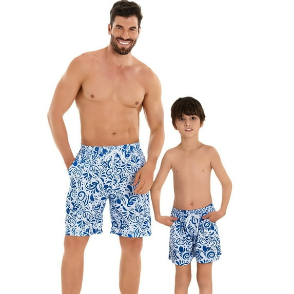 Xmarks Father Son Matching Swim Trunks - Blue and White Porcelain Print Swimming Trunk Set - Drawstring Elastic Waistband Beach Shorts with Pockets - Daddy and Me Bathing Suits