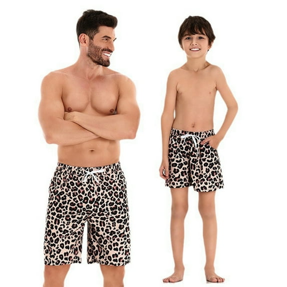 Xmarks Father Son Matching Swim Trunks - Leopard Print Swimming Trunk Set - Drawstring Elastic Waistband Beach Shorts with Pockets - Daddy and Me Bathing Suits