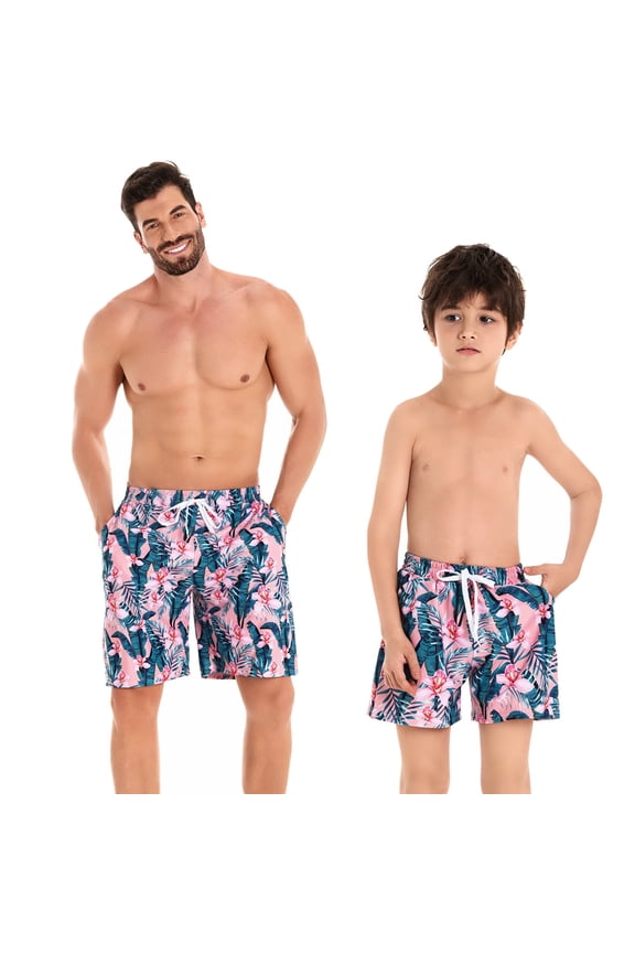 Father Son Matching Swim Trunks - Tropical Printed Swimming Trunk Set - Drawstring Elastic Waistband Beach Shorts with Pockets - Daddy and Me Bathing Suits