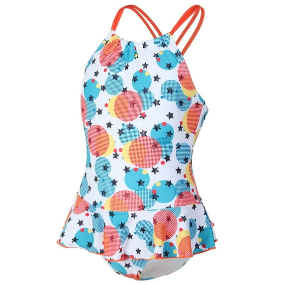 Xmarks Girl's Cute Spaghetti Straps Round Neck Cross Back One Piece Swimwear Print Bathing Suit 8-14Y