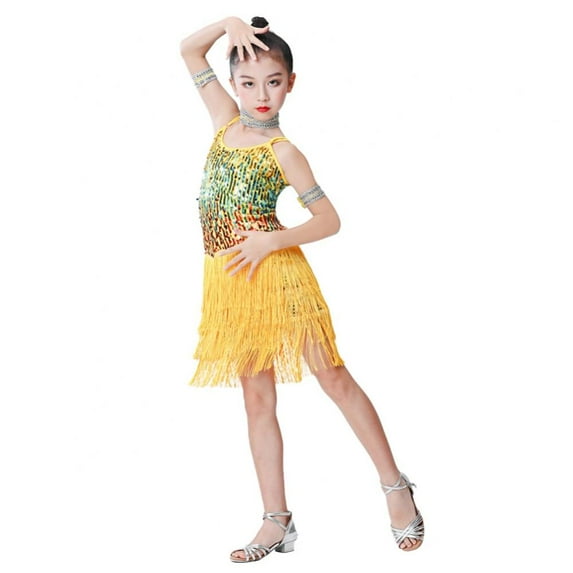 Xmarks Girl's Sequin Tassel Dress Latin Dance Skirt Costume Sparkling for Kids Ballet Tango Rumba Dancewear Yellow M