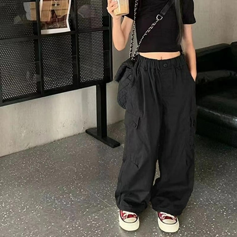 Xmarks Girls Cargo Pants Elastic Waist Straight Wide Leg