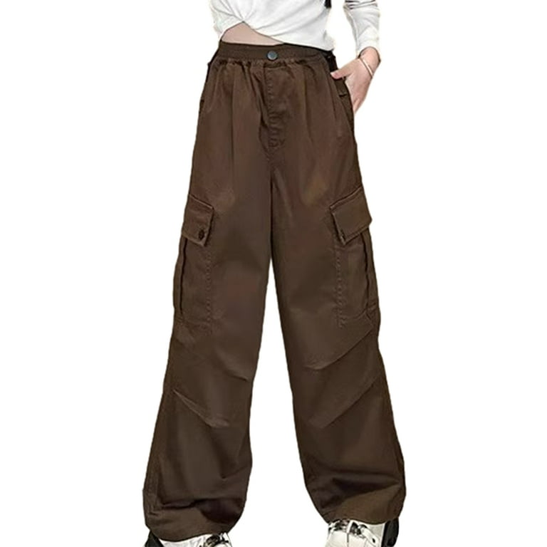 Xmarks Girls Cargo Pants Elastic Waist Straight Wide Leg