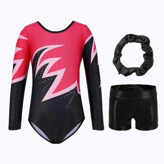 Xmarks Girls Gymnastics Leotards Long Sleeve with Shorts Outfits Sparkle Kids One-Piece/Three-Piece Colorful Dancewear Bodysuit 3-12Y