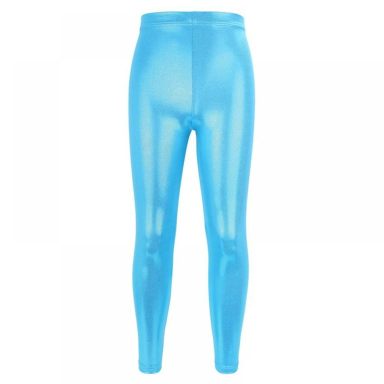 Xmarks Girls Shiny Wet Look Leggings Kids Liquid Metallic Dance Footless Tights  Pants Blue 8-9Y 