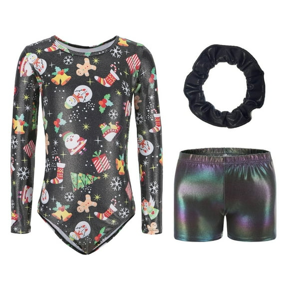 Xmarks Kids Girls 3Pcs Long Sleeve Gymnastics Leotard Ballet Dance Biketard with Shorts Hair Band Tracksuit Unitards for Christmas Halloween Black 5-12Y