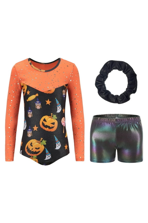 Kids Girls 3Pcs Long Sleeve Gymnastics Leotard Ballet Dance Biketard with Shorts Hair Band Tracksuit Unitards for Christmas Halloween Orange 5-12Y