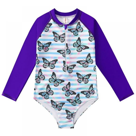 Xmarks Kids Girls Rashguard Swimsuit UV 50+ Long Sleeve One Piece Swimwear Zip Purple 9-10Y