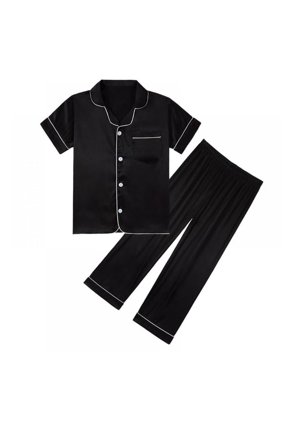 Kids Satin Short Sleeve Top and Long Pants 2 Pieces Pajamas Sleepwears Set Button Down PJs Sets Soft Lounge Sets Short Sleeve Sleepwear 5-14T