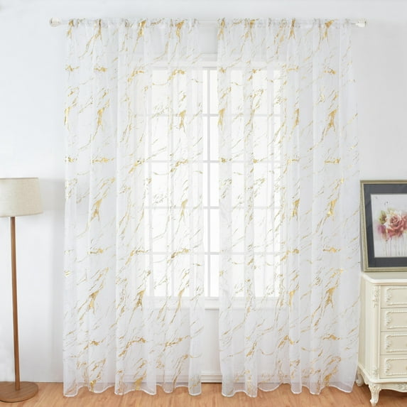 Xmarks Marble White Sheer Curtains, 39.4 x78.7 In, 1/2 Panel Rod Pocket Sheer Voile Curtain, Gold Foil Print Metallic Bronzing, Privacy Window Treatment Decor Abstract Drape for Bedroom Living Room