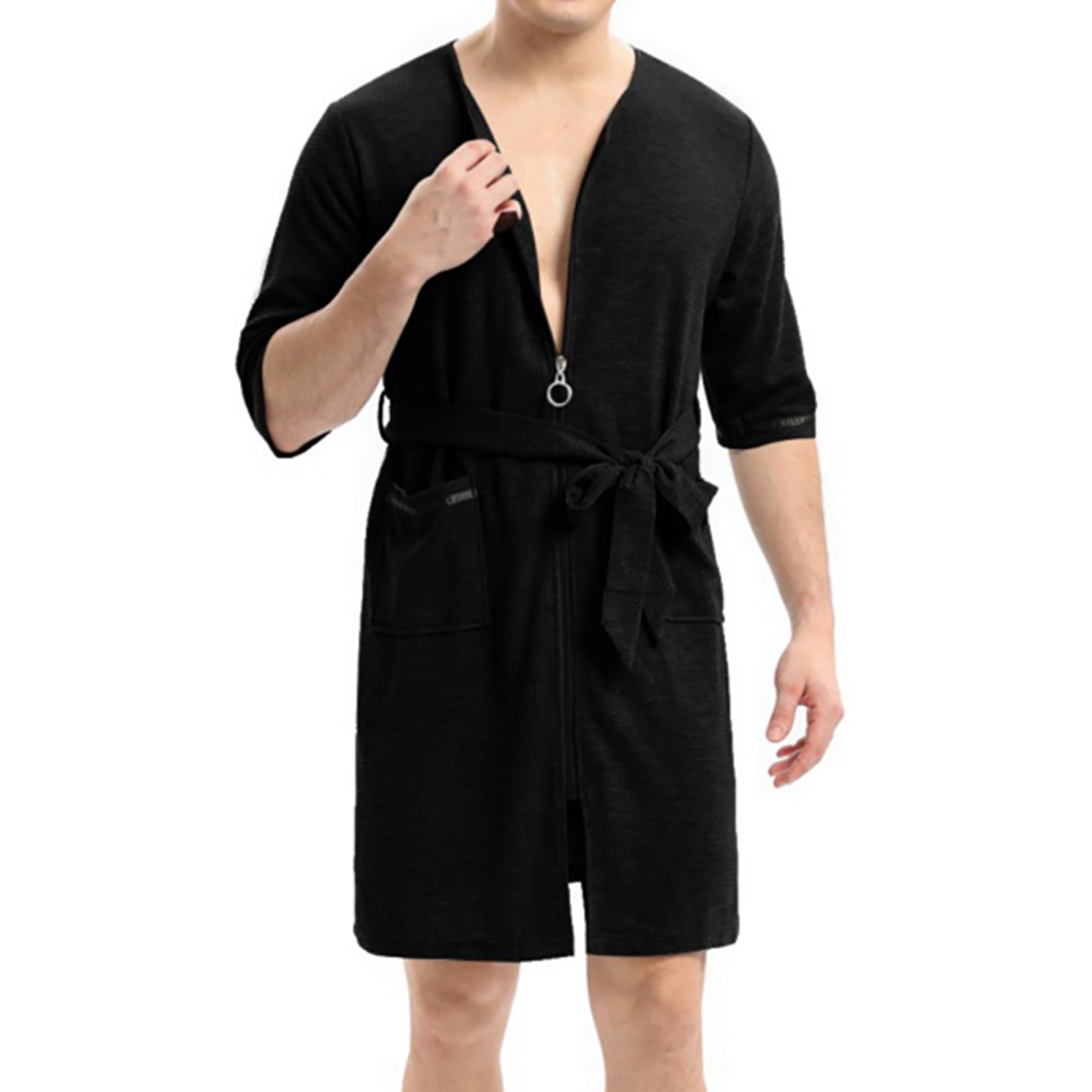 Xmarks Men's Waffle Zip Up Robe Short Sleeve Zipper Front House Coat