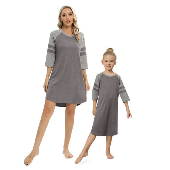 Xmarks Mommy and Me Pajamas Matching Set Outfit Short Sleeve Striped Pattern Pajama Dress Crew Neck Sleepshirts Gray 6-12Y