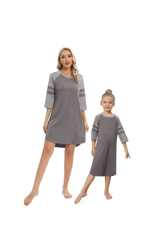 Mommy and Me Pajamas Matching Set Outfit Short Sleeve Striped Pattern Pajama Dress Crew Neck Sleepshirts Gray S-2XL