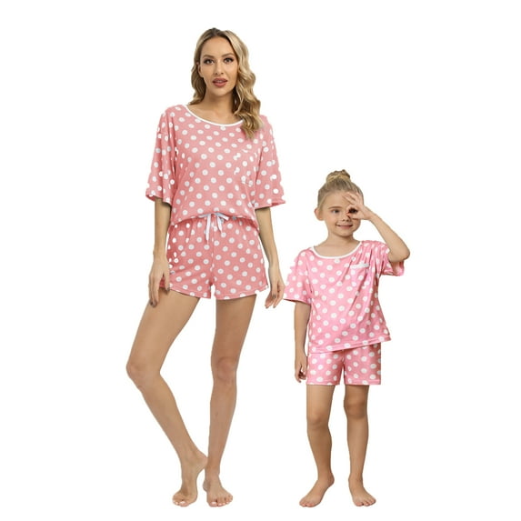 Xmarks Mommy and Me Pajamas Set Polka Dot Print Short Sleeve Crewneck Tee with Polka Dots Short
