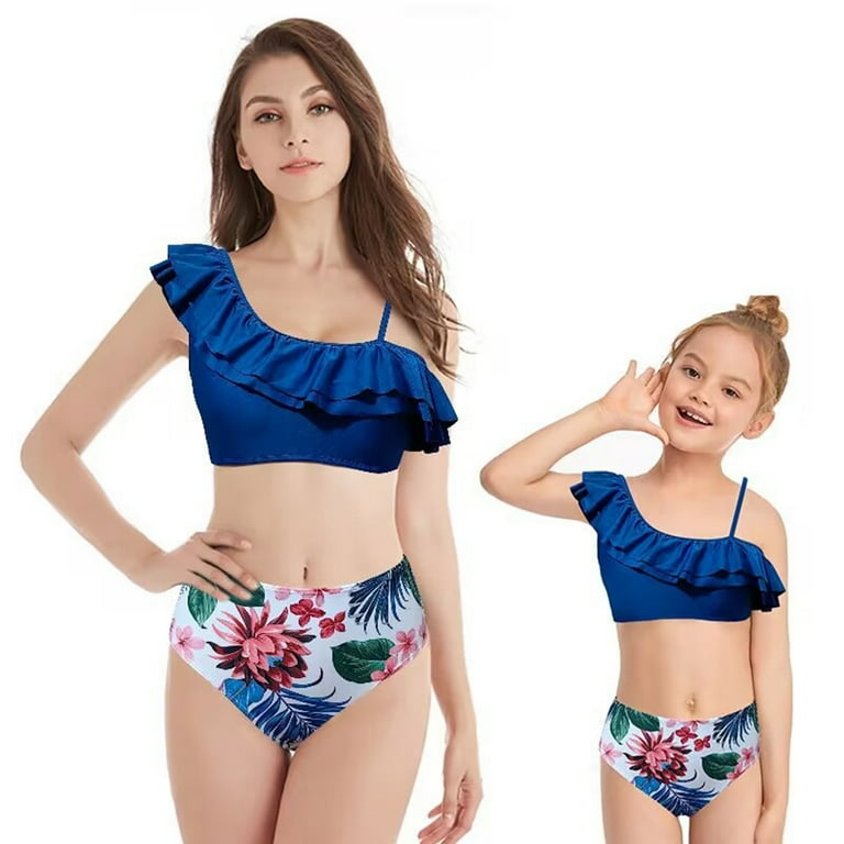 Xmarks Mother and Daughter 2 Piece Swimsuit Striped Ruffle Trim One Shoulder Mid Waisted Bikini Set Bathing Suits