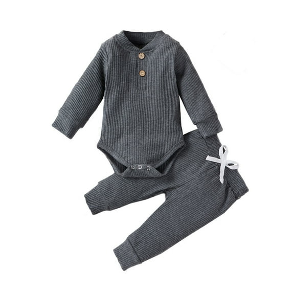 Xmarks Newborn Baby Boy Girl Clothes Ribbed Knitted Cotton Long Sleeve Romper Long Pants Solid Color Fall Winter Outfits Dark Gray 0-18M