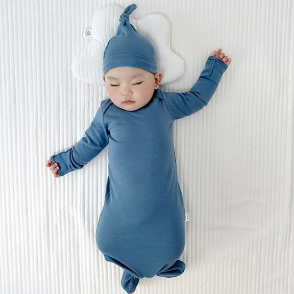 Xmarks Newborn Baby Knotted Gown Soft Swaddle Wrap Sleepwear Sleeping Bags Infant Long Sleeve Sleeper Coming Home from Hospital Outfit with Hat Grey Blue