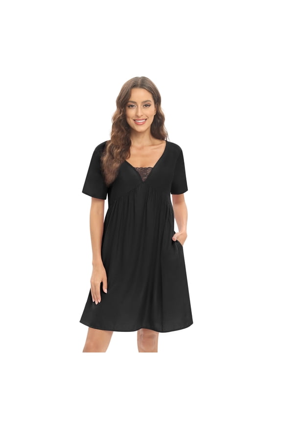 Nightgown for Women Short Sleeve Nightshirt with Pockets Lace Stitching V Neck Front Pleated Nightdress Loose Casual Sleepwear Soft Loungewear Lounge Dress, S-2XL