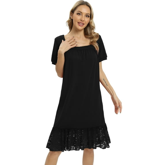 Xmarks Nightgowns for Women Sexy Sleepshirts Square Neck Short Sleeve Sleepwear Lace Trim Soft Short Night Shirts Black 2XL
