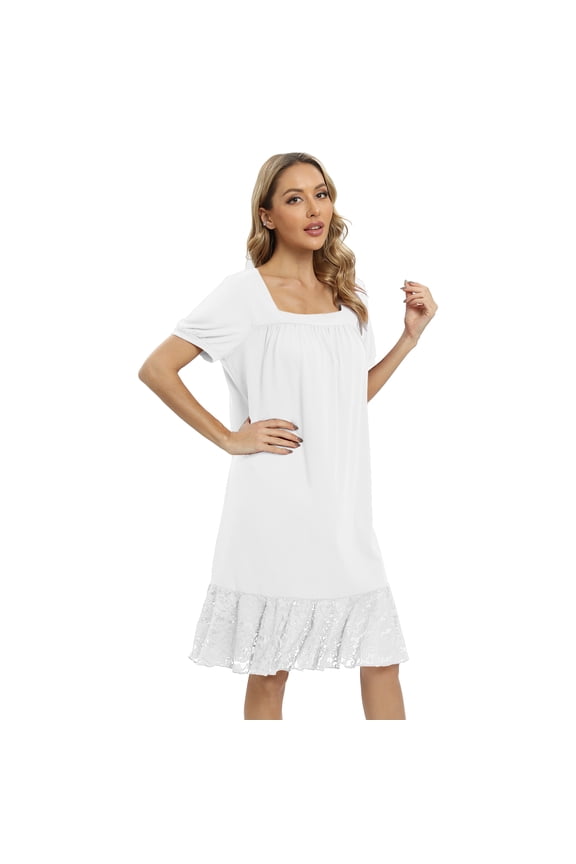 Nightgowns for Women Sexy Sleepshirts Square Neck Short Sleeve Sleepwear Lace Trim Soft Short Night Shirts White 2XL