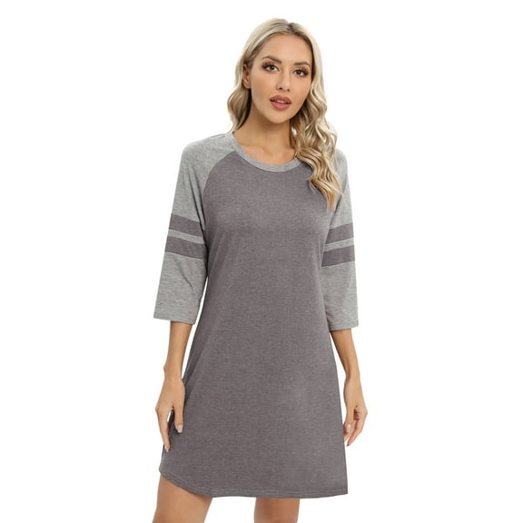 Xmarks Nightgowns for Women Sleepshirt Raglan 3/4 Sleeve Pajama Shirt Soft Sleep Dress Striped Loungewear Nightshirt Gray S-2XL