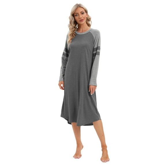 Xmarks Nightgowns for Women Sleepshirt Raglan Long Sleeve Pajama Shirt Soft Sleep Dress Striped Loungewear Nightshirt Gray S-2XL