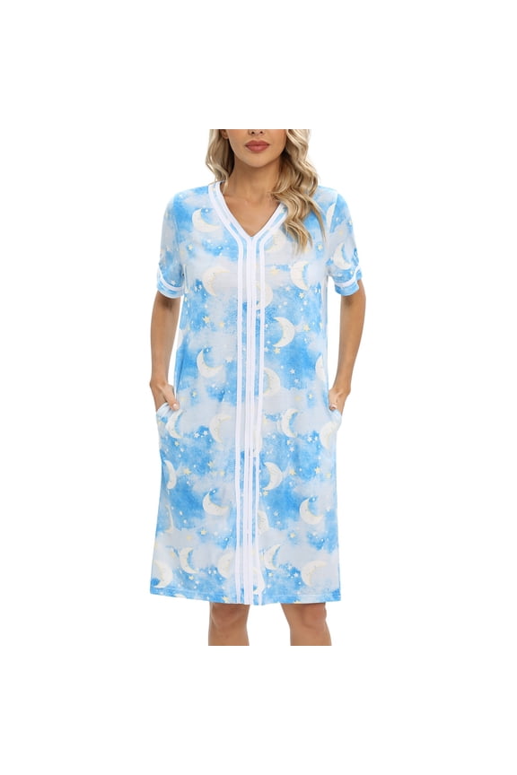 Nightshirt Women's Short Sleeve V Neck Nightgown Sleepwear with Pockets Printed Loose Casual House Dress Knee Length Nightdress Short Sleeve Lounge Dress Loose Housecoat, S-2X