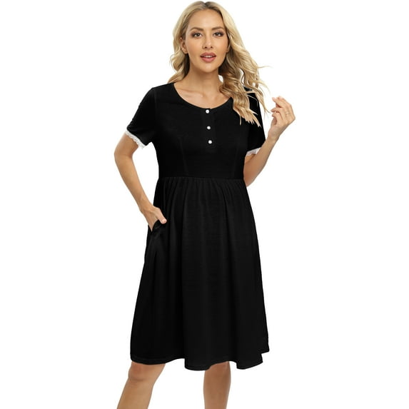 Xmarks Nursing Nightgown Women's Maternity Dress Button Down Nightdress Short Sleeve Breastfeeding Sleepwear Hospital Gown Black US 14