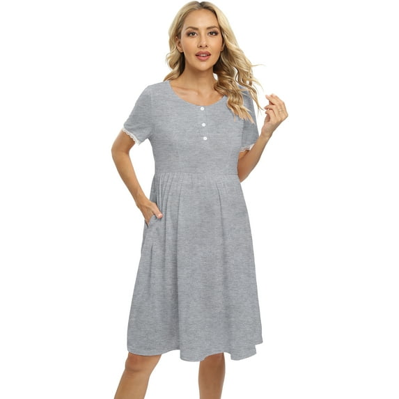 Xmarks Nursing Nightgown Women's Maternity Dress Button Down Nightdress Short Sleeve Breastfeeding Sleepwear Hospital Gown Gray US 8