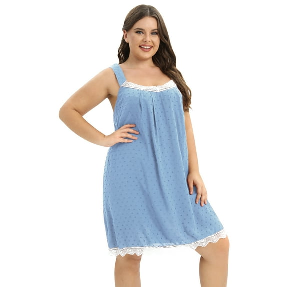 Xmarks Oversize Nightgown for Women Sexy Sleepwear Lace Soft Nightdress Camisole Square Neck Sleepshirt Swiss Dots Nightwear Blue 4XL