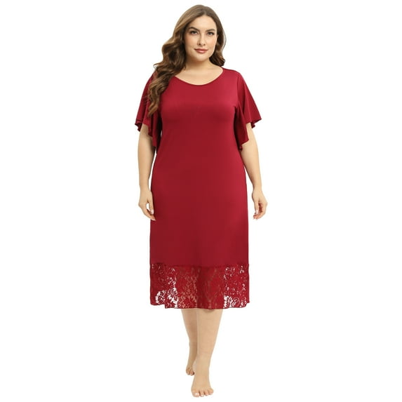 Xmarks Plus Size Nightgown Womens Soft Sleepwear Comfy Sleep Swing Dress Short Sleeve Lace Hem Nightdress Red XL