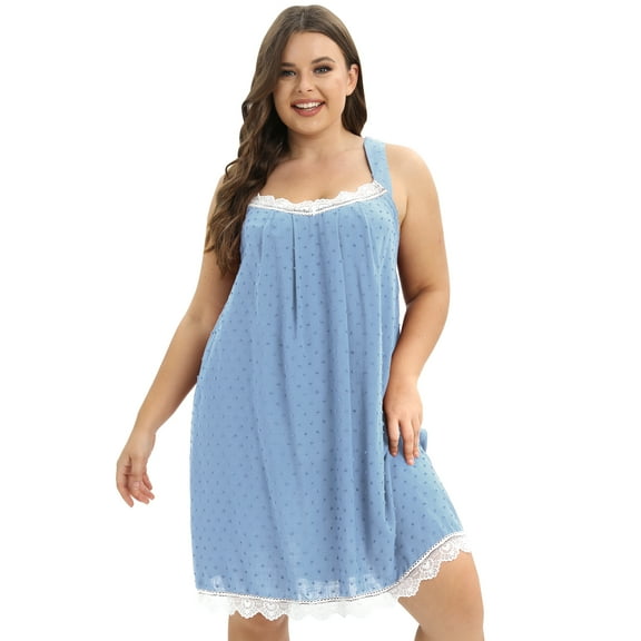Xmarks Plus Size Sleepwear Sleeveless Nightgown for Women Lace-Trim Sleep Dress Swiss Dots Sleepshirt Gown Blue US 16