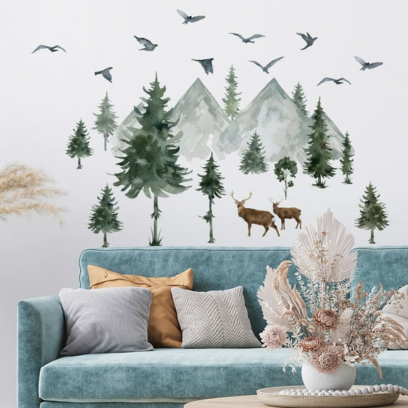 Watercolor Mountain River Tree Bird Sticker Background Wall Sticker 30*60cm*2