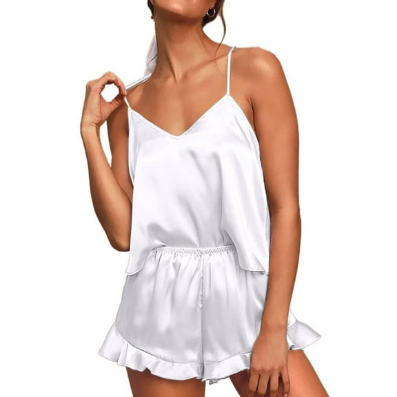 Xmarks Satin Pajama Set for Women Ruffle Cami Pjs Shorts Set V Neck Camisole Top and Shorts  Ruffle Sleepwear Loungewear Set S-2XL