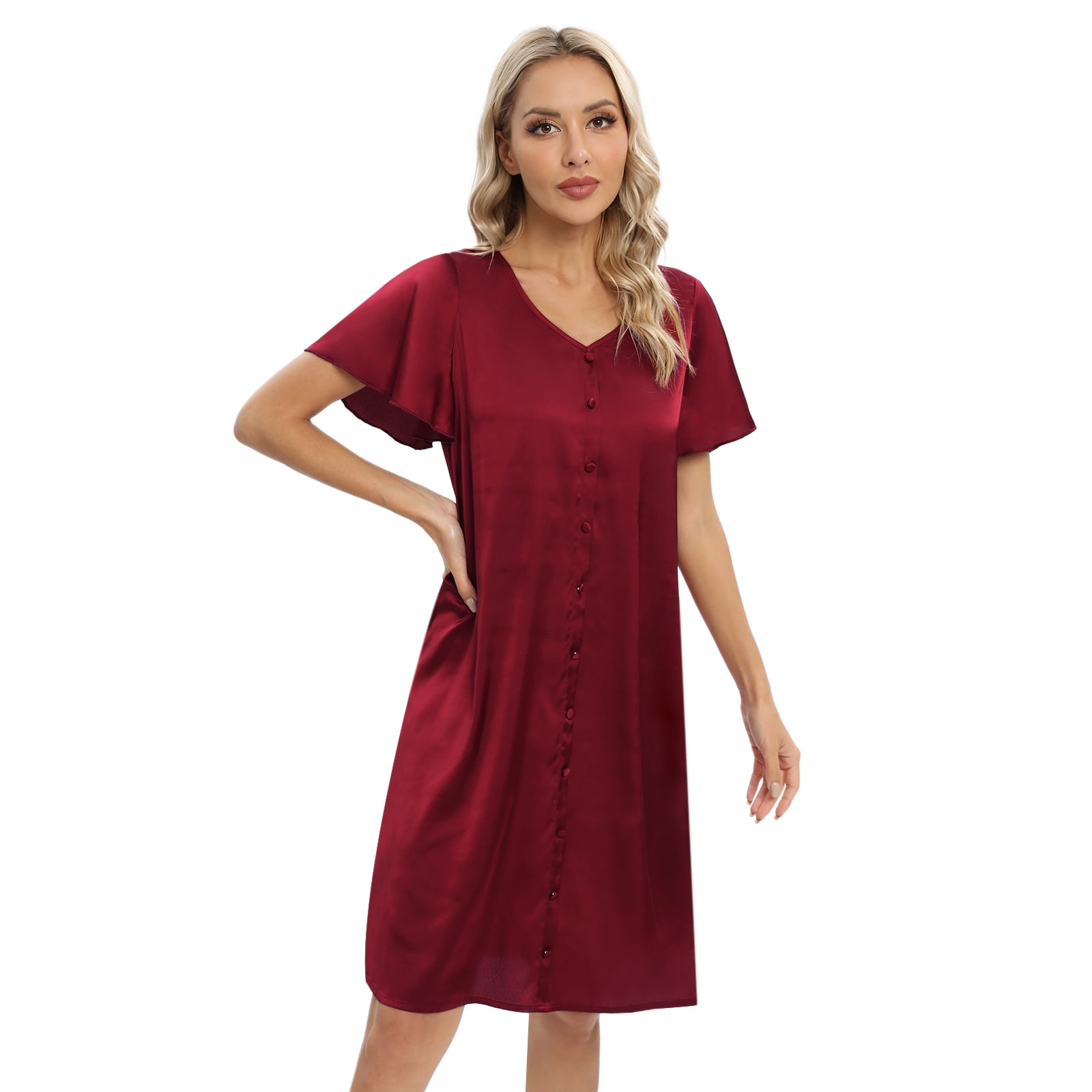 Xmarks Silk Nightgown Women's Button Down Pajamas Dress Soft V Neck