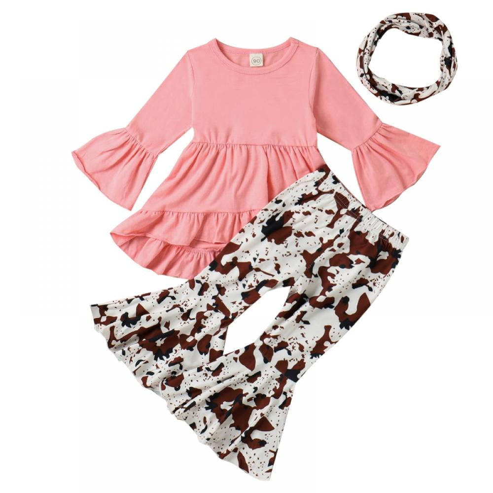 3-piece Baby Girl Ruffle Collar Long-sleeve Solid Romper, Floral Print Flared Pants and Headband Set