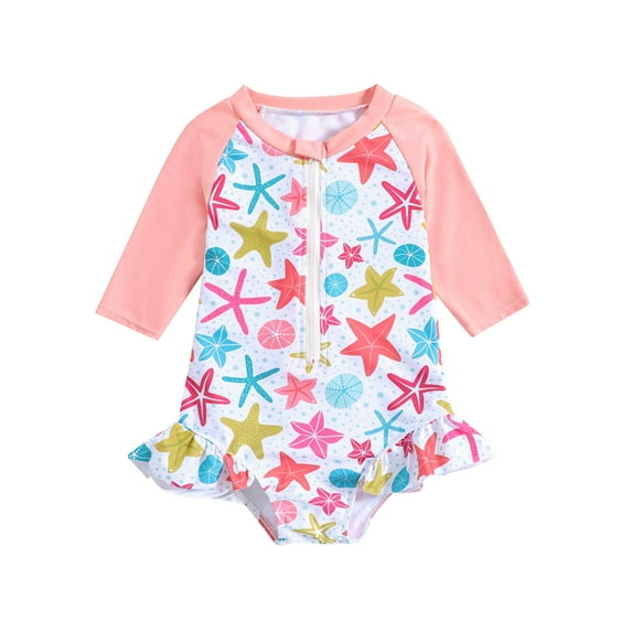 Xmarks Toddler Girl One Piece Swimsuit 3/4 Sleeve Zipper Rash Guard Sun Protection Rashguard Swimwear Cute Print Bathing Suit Beahwear for Little Girls, 1-6Y