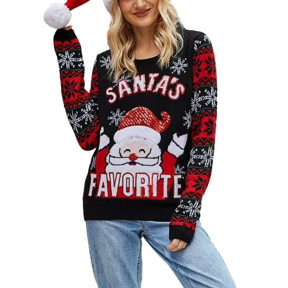 Xmarks Ugly Christmas Sweater for Women Santa Claus Snowflake Patterns Knit Sweater Long Sleeve Crewneck Pullover Jumper Top S-XL