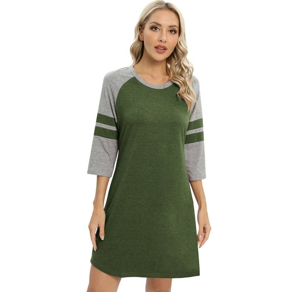 Xmarks Womem's 3/4 Sleeve Nightgown Sleepwear Crewneck Nightshirt Color Block Above Knee Length Nightdress Plus Size Loose Casual Pajamas Dress Loungewear, S-3XL