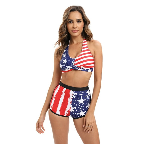 Xmarks Women Bikini Sets 2 Piece Sexy Swimsuit Sling Halter String USA American Flag Swimwear Set Bathing Suit Top and Bottom Multicolor S-2XL