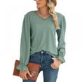 thumbnail image 1 of Xmarks Women Lace V Neck Flare Long Sleeve Pullover Sweaters Lightweight Knit Solid Color Novelty Jumper Tops Green XL, 1 of 8