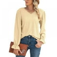 thumbnail image 1 of Xmarks Women Lace V Neck Flare Long Sleeve Pullover Sweaters Lightweight Knit Solid Color Novelty Jumper Tops Yellow XL, 1 of 8