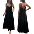 thumbnail image 1 of Xmarks Women Summer Casual Spaghetti Strap Maxi Dress V-Neck Sleeveless Solid Color Beach Party Long Dress with Pockets, 1 of 8