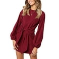 thumbnail image 1 of Xmarks Women's Autumn Winter Cotton Lantern Long Sleeves Knitted Crewneck Tie Waist Sweater Pencil Dress Elegant Short Dress Cocktail Dresses, 1 of 5