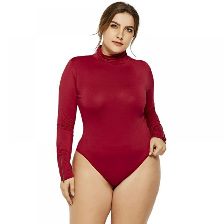 Plus Size Scoop Neck Long Sleeve Bodysuit - Red