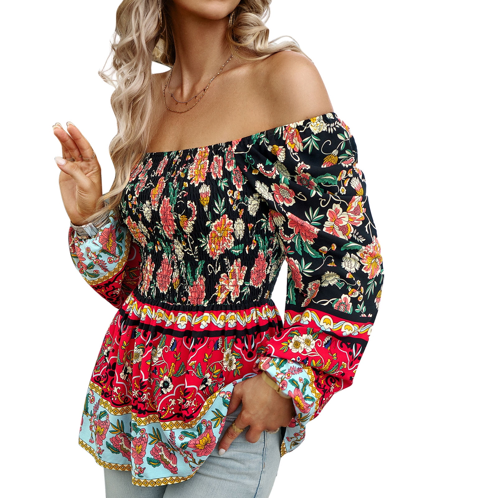 Xmarks Women's Boho Floral Print Long Sleeve Square Neck Peplum - Main Image